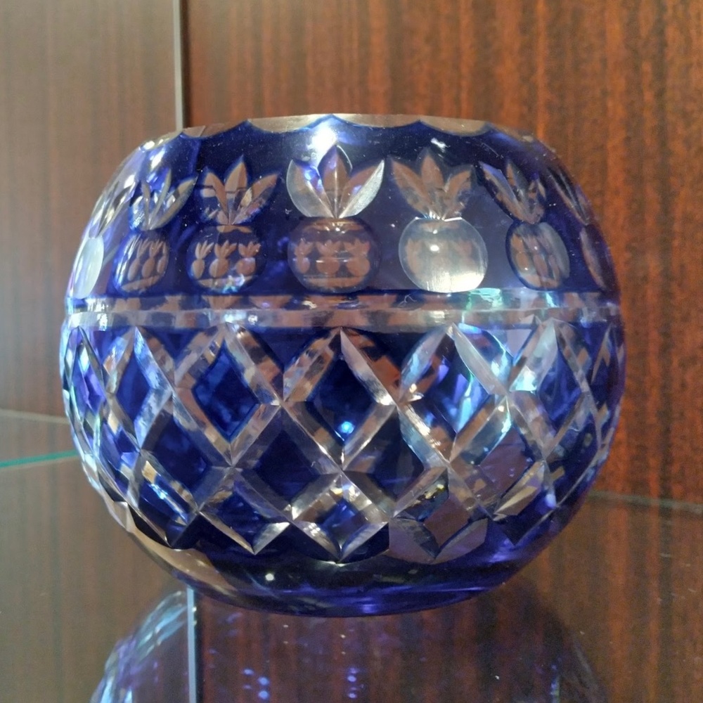 Crystal with Cobalt Blue Overlay and Clear Cut Decor Candle Holder Votive